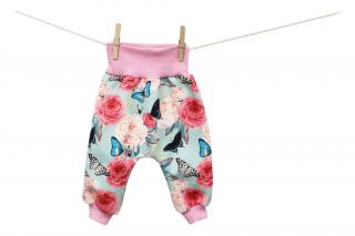 Turecké kalhoty - Motýlek na růži Velikost tepláčků EUR: 50 (newborn)