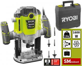Ryobi RRT 1600-K, Horní frézka 1 600W, kleština 6,8,12mm, 5x fréza, vodítko, kufr