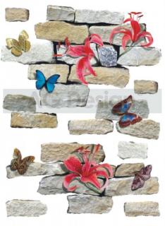 Samolepka na zeď F 1021 - Kamenná zeď s motýli, 65x85cm