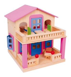 Dřevěný domeček pro panenky s terasou (Dřevěný domeček pro panenky. Dřevěný domeček včetně nábytku s terasou)